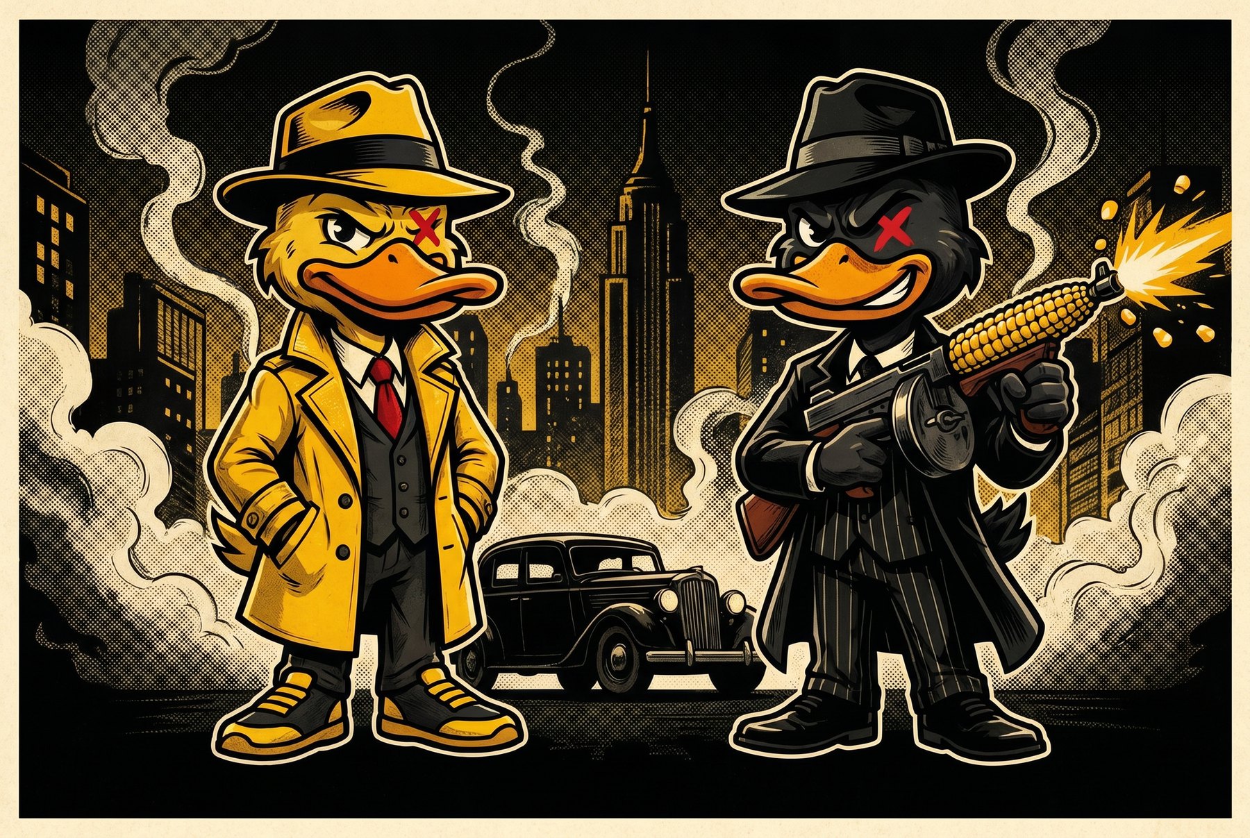Canonical pulp-noir Duck Crazy campaign duo