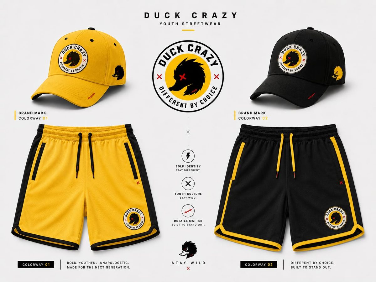 Duck Crazy brand sheet — roundel mark with caps and shorts shown in both colourways