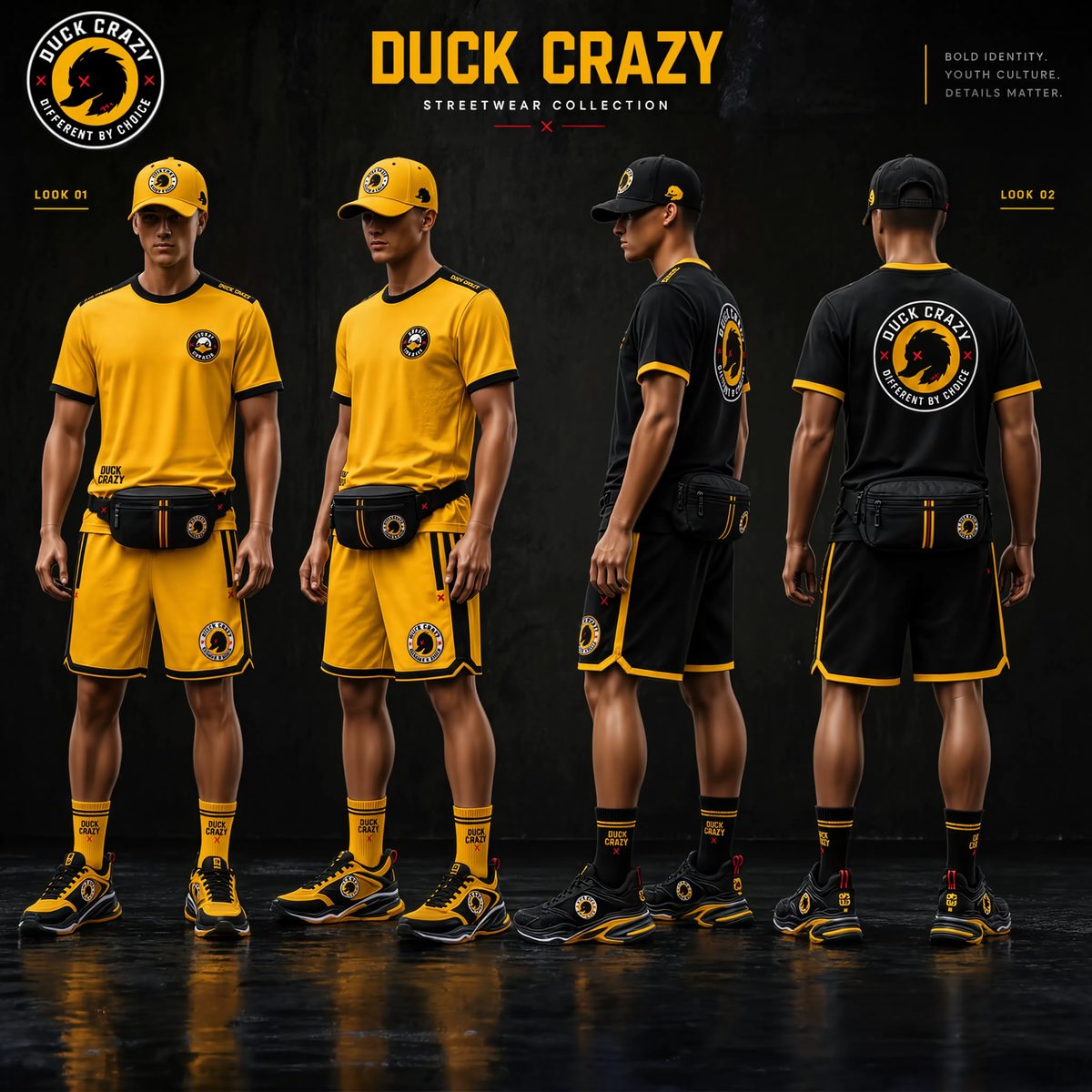 Duck Crazy collection — four models in the full yellow and black streetwear looks