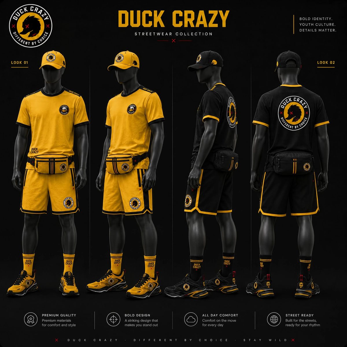 Duck Crazy collection sheet — both colourways with feature highlights