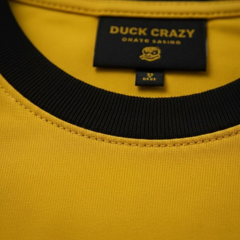 Macro close-up of the black contrast stitching on the yellow t-shirt collar