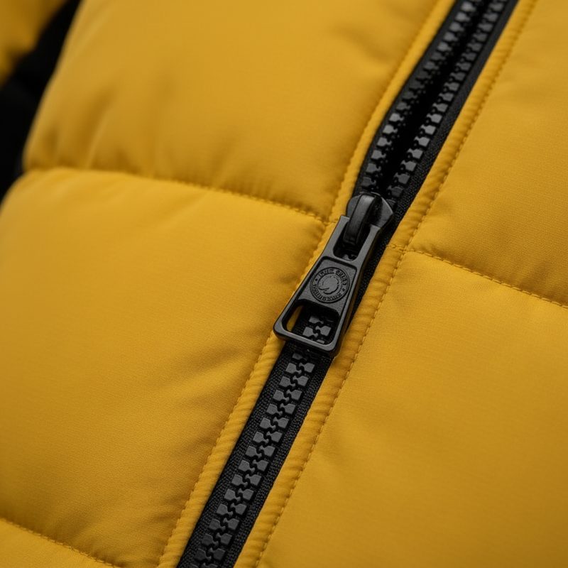 Macro close-up of the branded zipper on the yellow puffer jacket