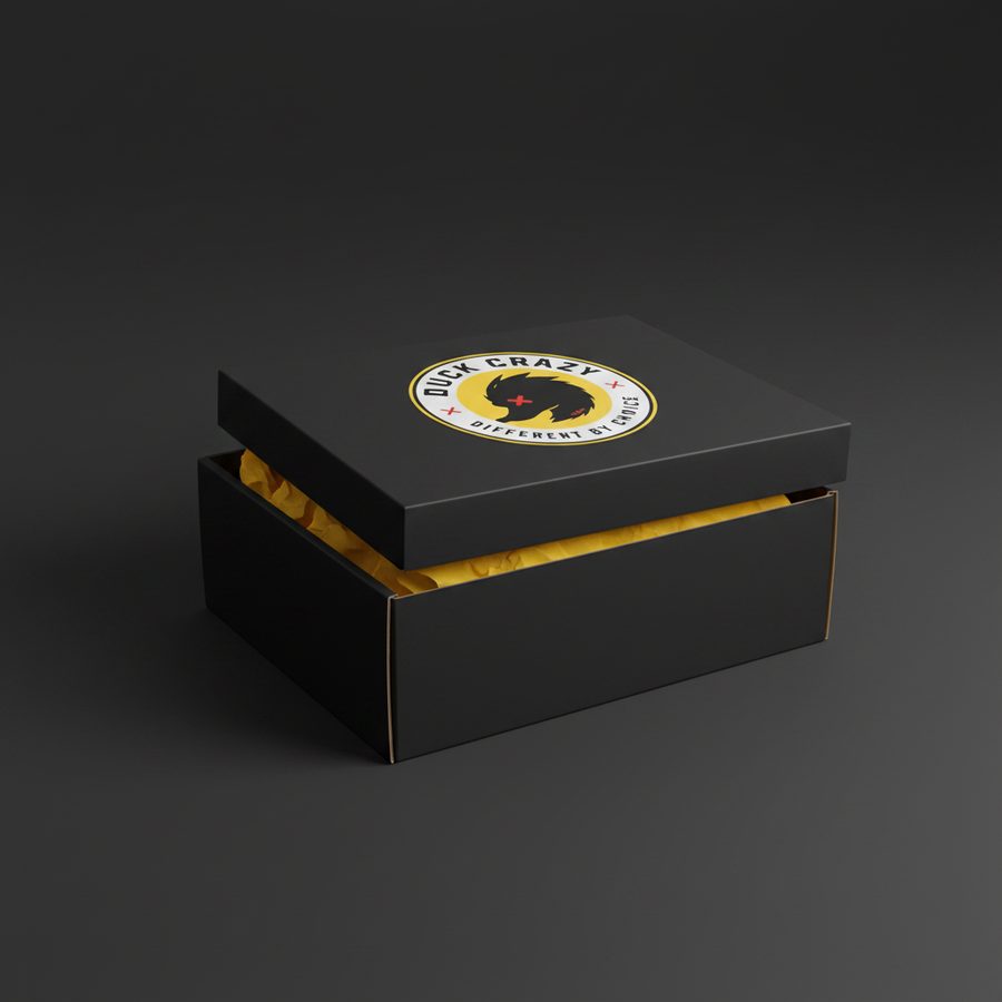Duck Crazy branded gift box with yellow tissue paper