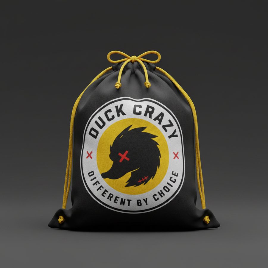 Duck Crazy black drawstring dust bag with yellow roundel logo