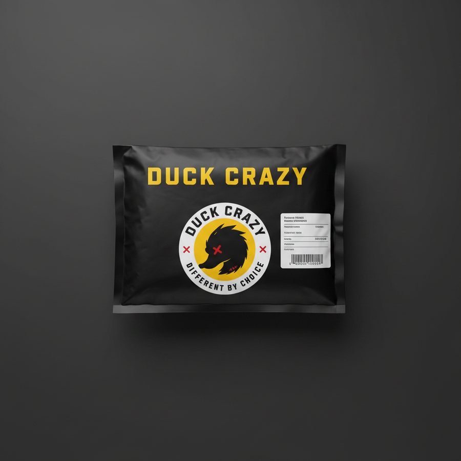 Duck Crazy black courier mailer bag with branding and shipping label